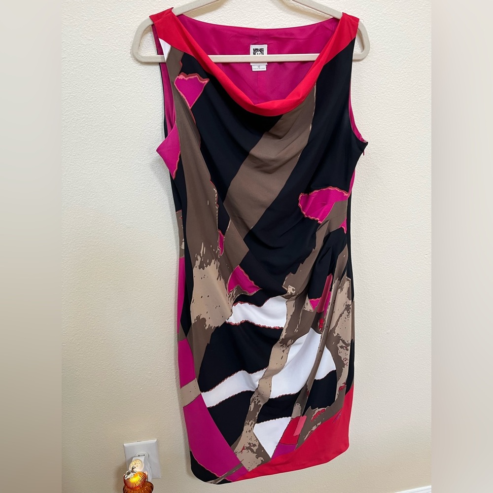 Anne Klein Size 12 Cowl Neck Sheath Dress Pink Black Colorblock